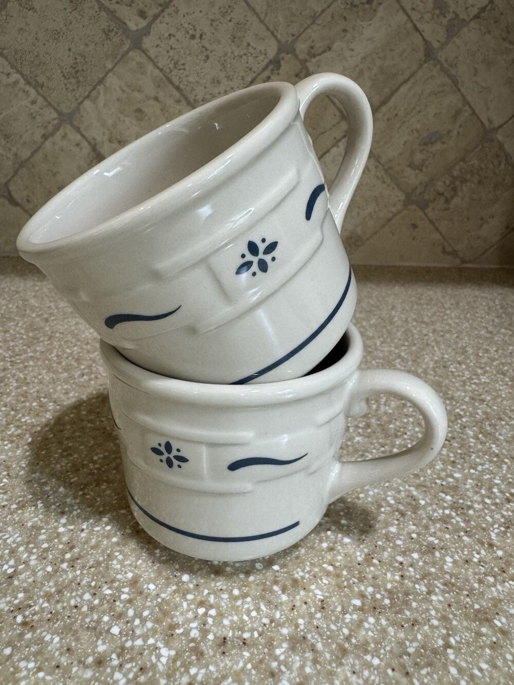 Longaberger‎ Pottery Woven Traditions Classic Blue Flat Cup 2 Mug Mugs Farmhouse